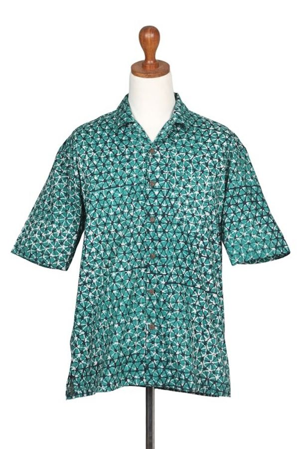 Alternate image for Geometric Batik Cotton Shirt in Green and Black Hues Viridian Gallant