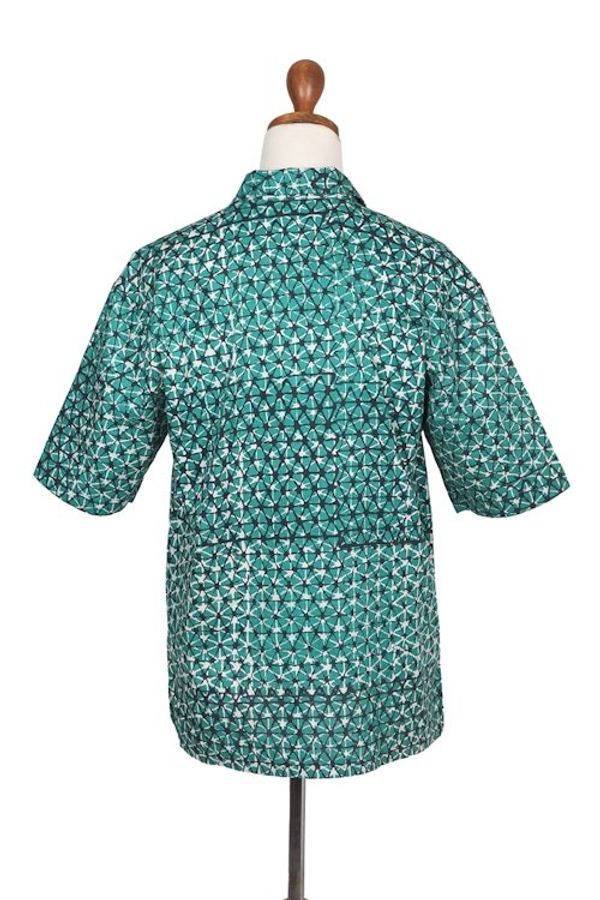 Alternate image for Geometric Batik Cotton Shirt in Green and Black Hues Viridian Gallant