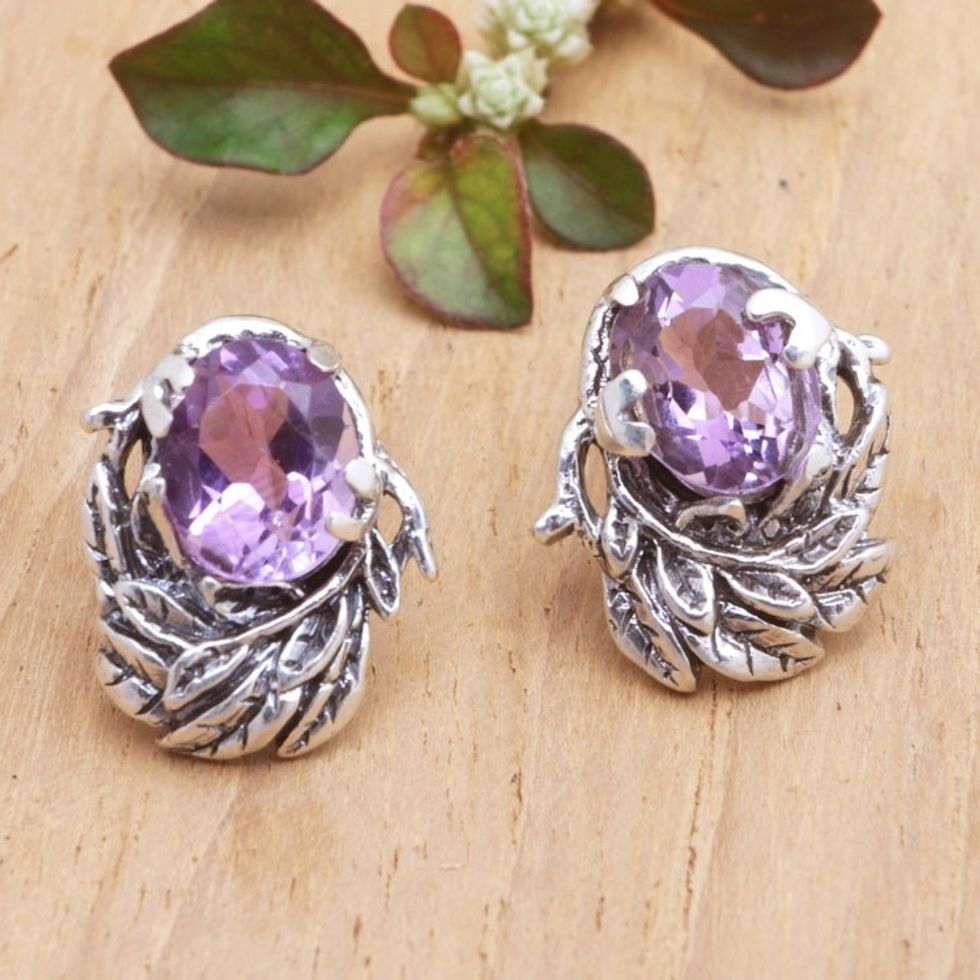 Faceted Five-Carat Amethyst Leafy Button Earrings from Bali 'Purple Nest'