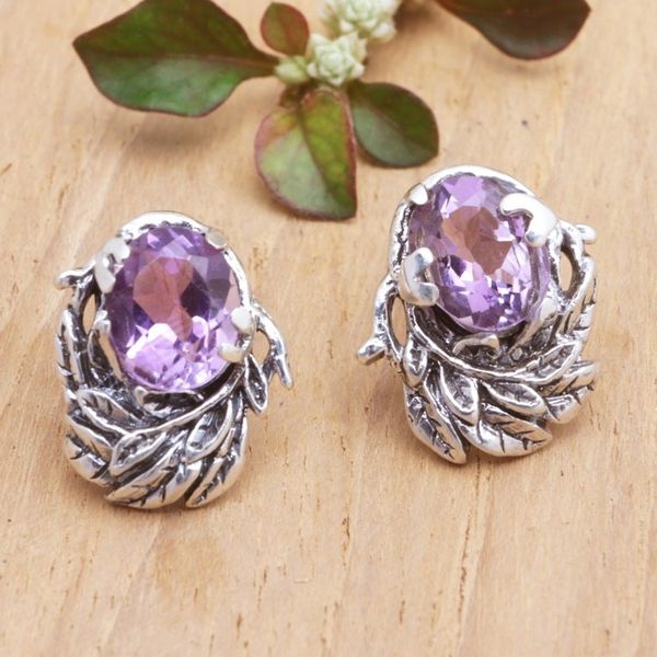 Alternate image for Faceted Five-Carat Amethyst Leafy Button Earrings from Bali Purple Nest
