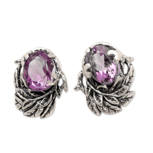 Alternate image for Faceted Five-Carat Amethyst Leafy Button Earrings from Bali Purple Nest