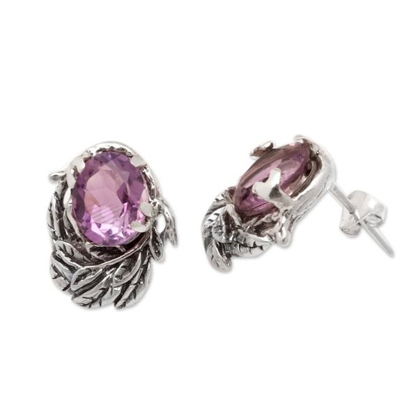 Alternate image for Faceted Five-Carat Amethyst Leafy Button Earrings from Bali Purple Nest
