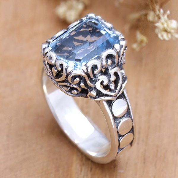 Alternate image for Sterling Silver Cocktail Ring with Faceted Blue Topaz Stone Shimmering Fantasy