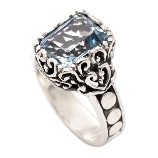Alternate image for Sterling Silver Cocktail Ring with Faceted Blue Topaz Stone Shimmering Fantasy