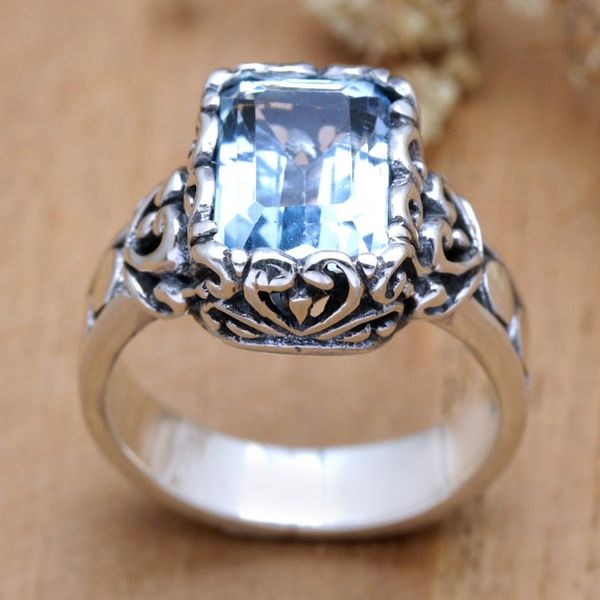 Alternate image for Sterling Silver Cocktail Ring with Faceted Blue Topaz Stone Shimmering Fantasy