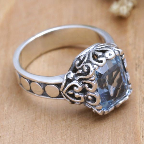 Alternate image for Sterling Silver Cocktail Ring with Faceted Blue Topaz Stone Shimmering Fantasy