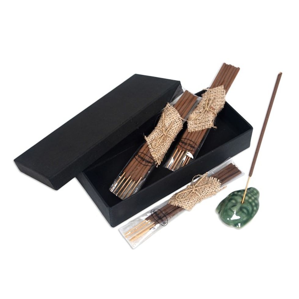 Buddha-Themed Green Ceramic Incense Set with 18 Sticks 'Green Vesak Celebration'