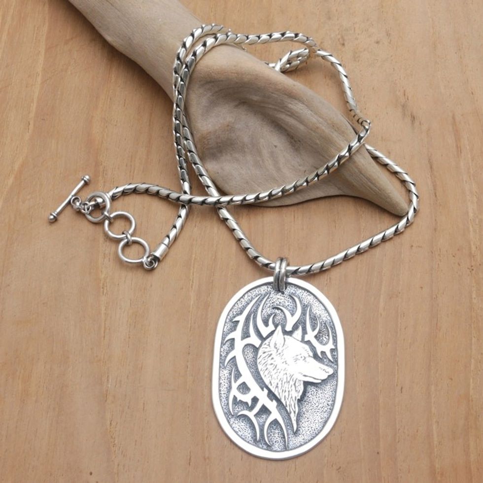 Sterling Silver Wolf-Themed Pendant Necklace from Java 'Oneiric Wolf'