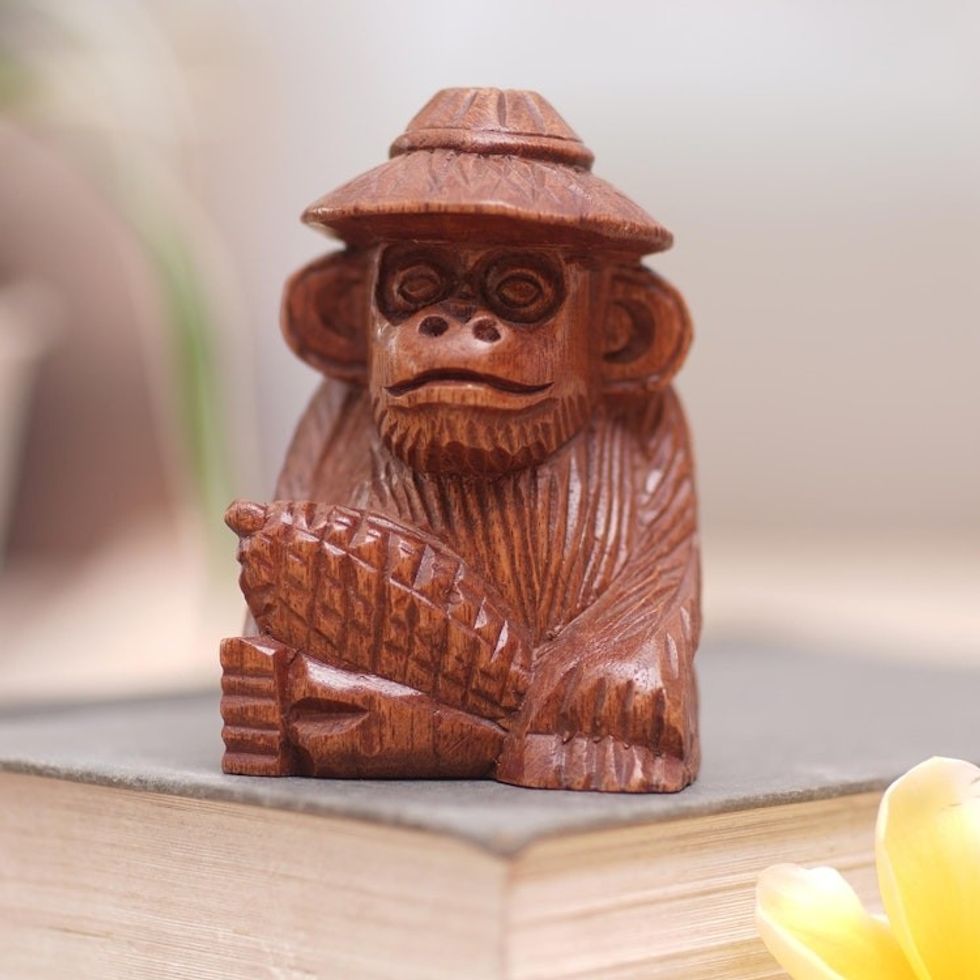 Hand-Carved Jempinis Wood Monkey Statuette with Corn 'Prosperity and Cunning'