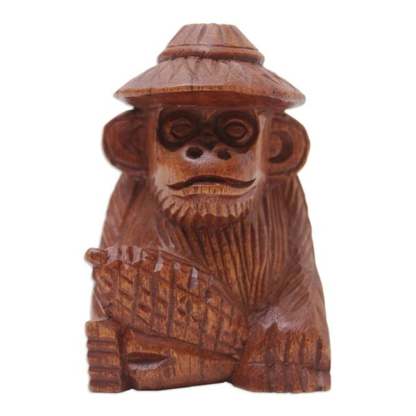 Alternate image for Hand-Carved Jempinis Wood Monkey Statuette with Corn Prosperity and Cunning