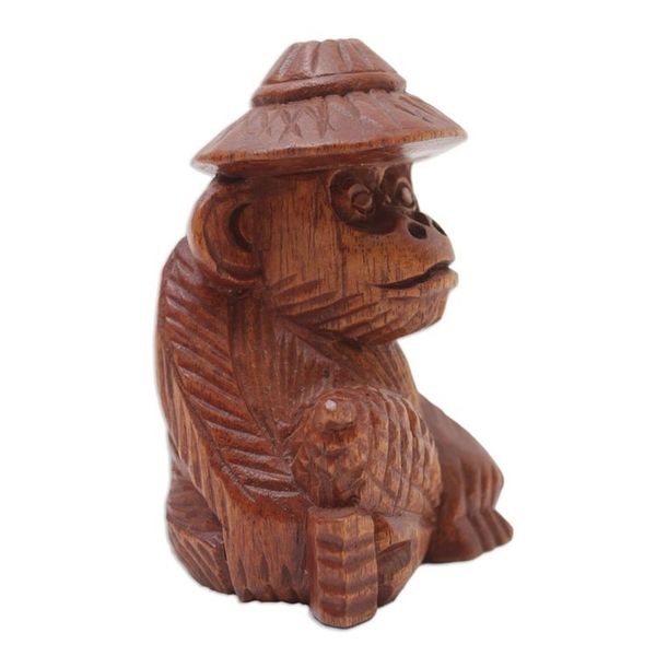 Alternate image for Hand-Carved Jempinis Wood Monkey Statuette with Corn Prosperity and Cunning