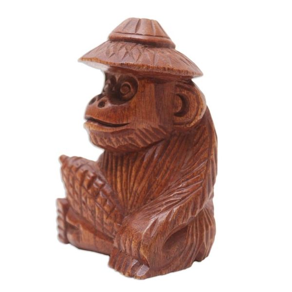 Alternate image for Hand-Carved Jempinis Wood Monkey Statuette with Corn Prosperity and Cunning