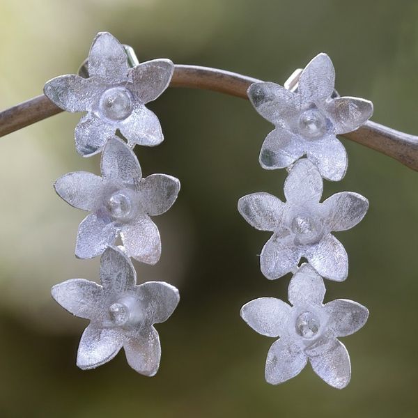 Alternate image for Sterling Silver Flower-Themed Drop Earrings Crafted in Bali Stellar Bouquet