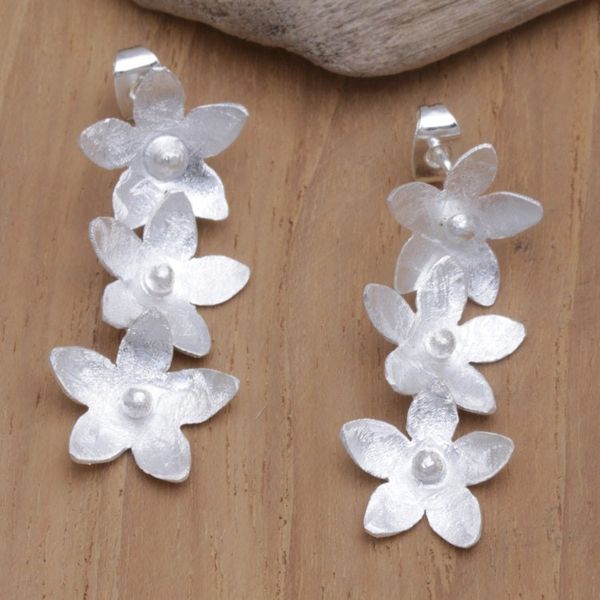 Alternate image for Sterling Silver Flower-Themed Drop Earrings Crafted in Bali Stellar Bouquet