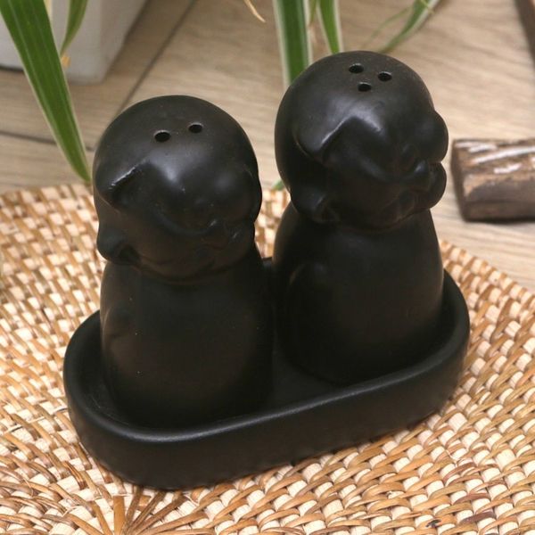 Alternate image for Ceramic Cat Salt and Pepper Set in Black Hues Made in Bali Dark Felines
