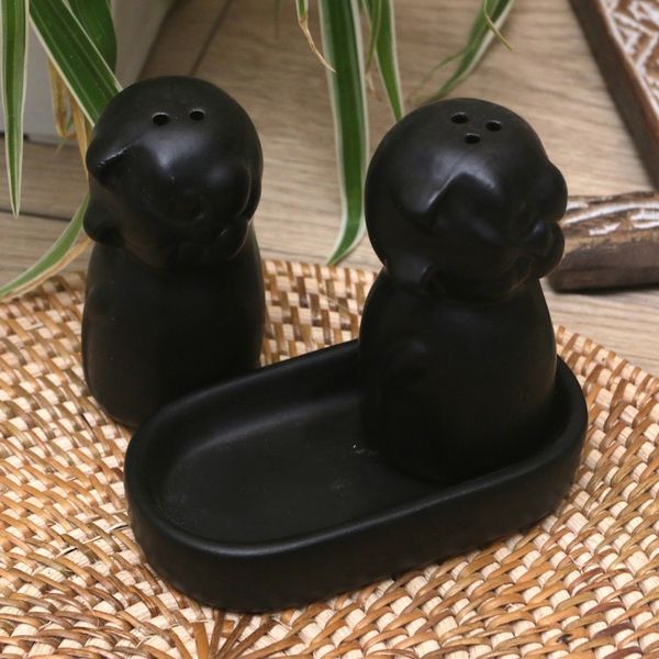 Alternate image for Ceramic Cat Salt and Pepper Set in Black Hues Made in Bali Dark Felines