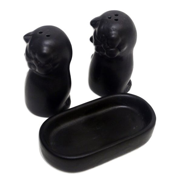 Alternate image for Ceramic Cat Salt and Pepper Set in Black Hues Made in Bali Dark Felines