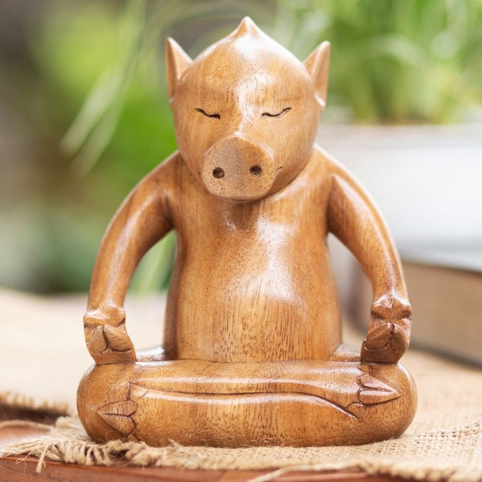 Handmade Brown Suar Wood Pig Statuette from Bali 'Gentle Master'