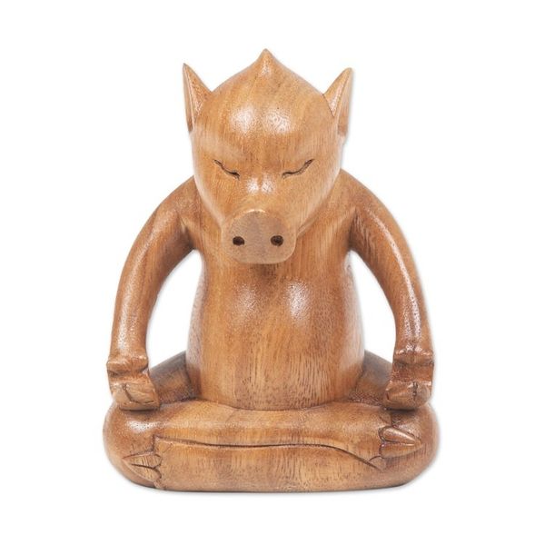 Alternate image for Handmade Brown Suar Wood Pig Statuette from Bali Gentle Master