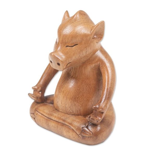 Alternate image for Handmade Brown Suar Wood Pig Statuette from Bali Gentle Master