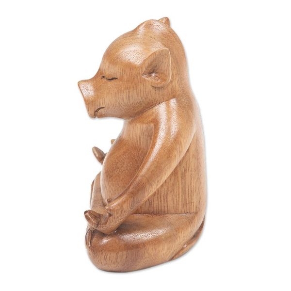 Alternate image for Handmade Brown Suar Wood Pig Statuette from Bali Gentle Master
