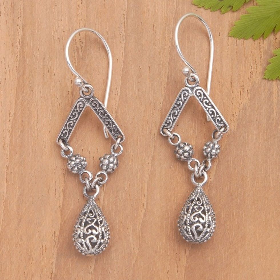 Antique Sterling Silver Dangle Earrings with Balinese Motifs 'Balinese Glam'