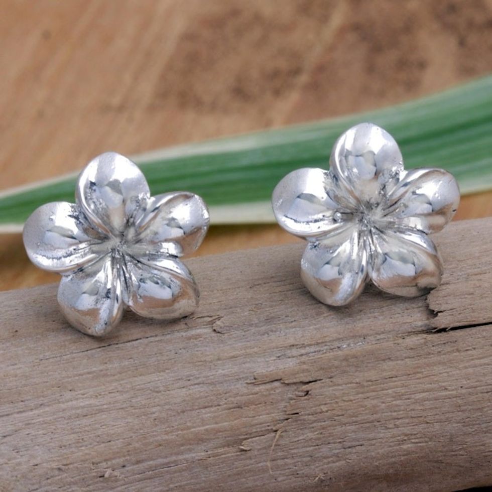 Sterling Silver Plumeria Frangipani Drop Earrings from Bali 'Exotic Frangipani'