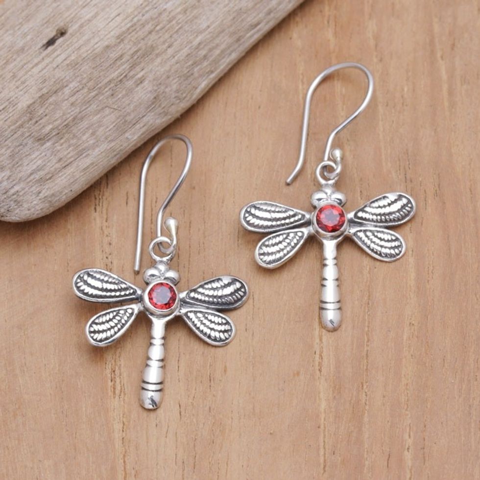 Dragonfly Dangle Earrings with Natural Garnet Stones 'Passionate Change'