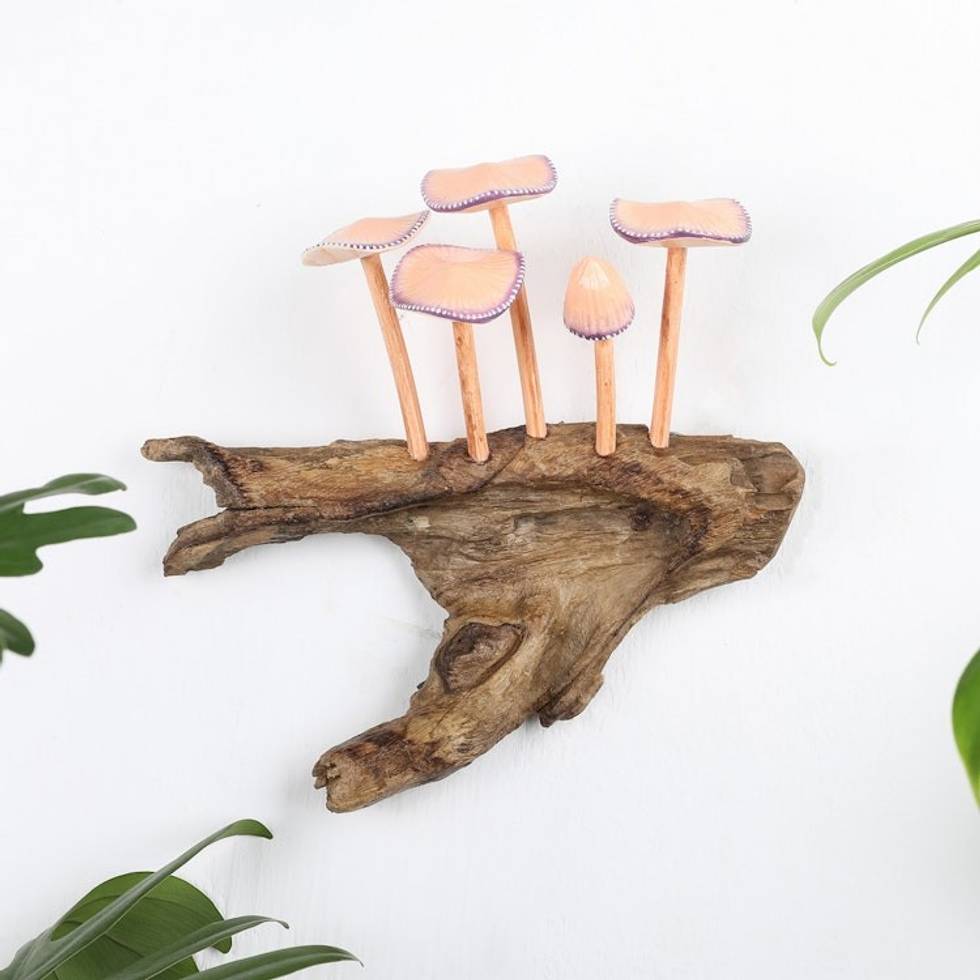 Mushroom-Themed Gamal and Jempinis Wood Wall Sculpture 'Little Nature'
