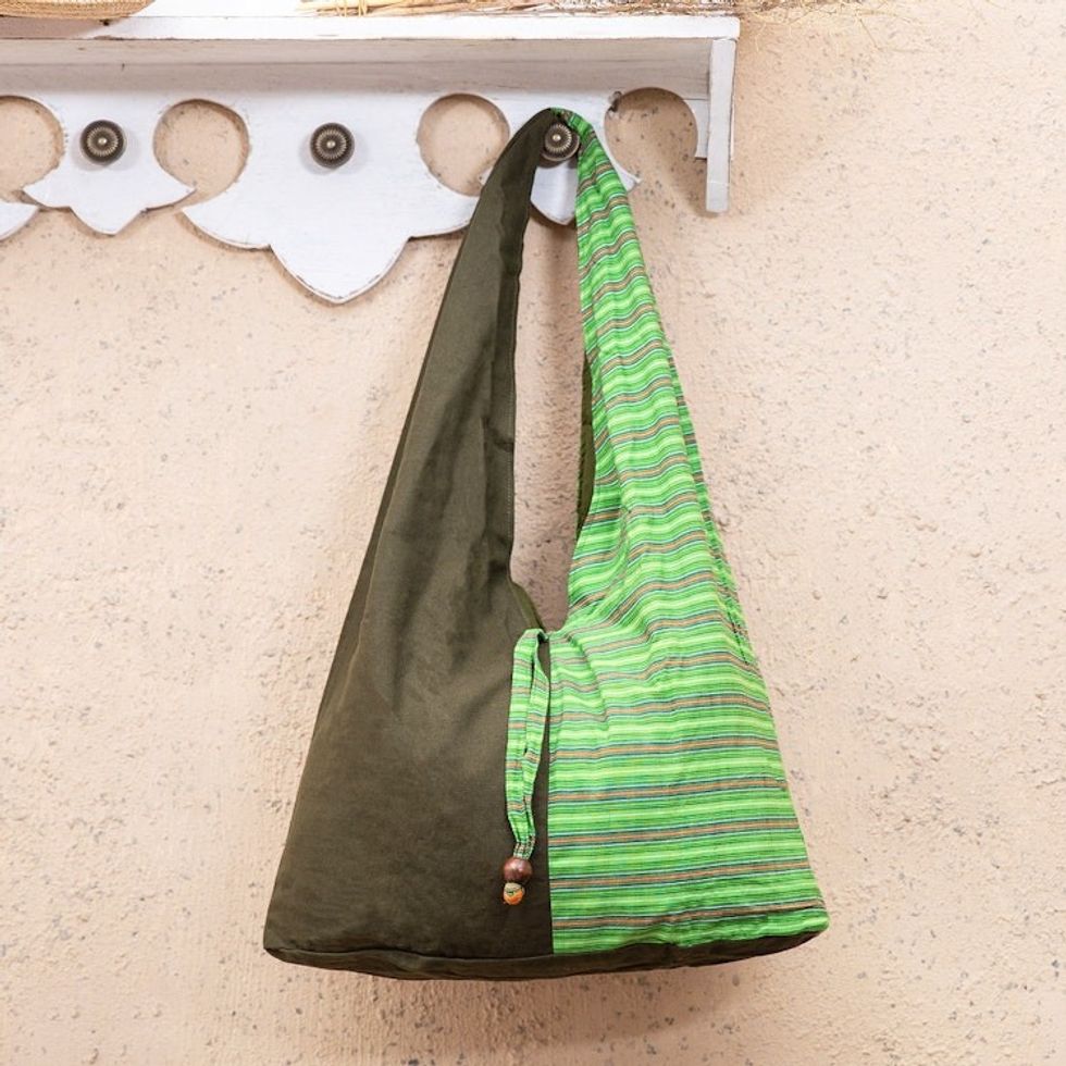 Handcrafted Green Striped Cotton Shoulder Bag from Java 'Green Lurik'