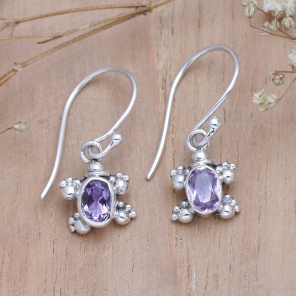 Alternate image for Faceted Amethyst Tortoise Dangle Earrings Crafted in Bali Tiny Purple Sage