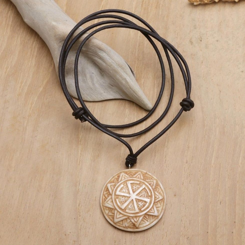 Leather Slavic Pendant Necklace with Adjustable Length 'Mighty Sun'