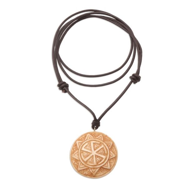 Alternate image for Leather Slavic Pendant Necklace with Adjustable Length Mighty Sun