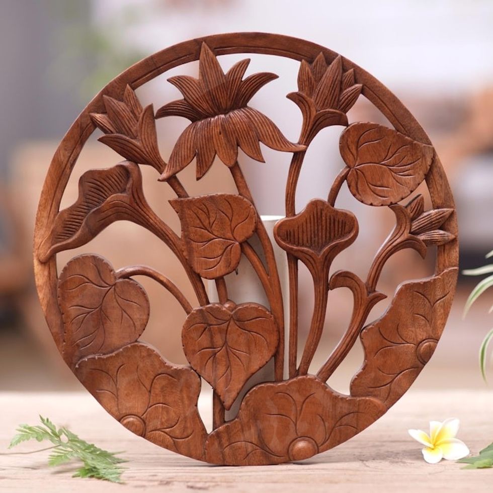 Hand-Carved Suar Wood Relief Panel with Flowers and Leaves 'Floral Dream'
