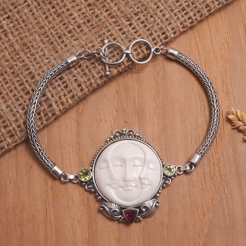 Moon-Themed Sterling Silver Bracelet with Peridot and Garnet 'Moon Gathering'