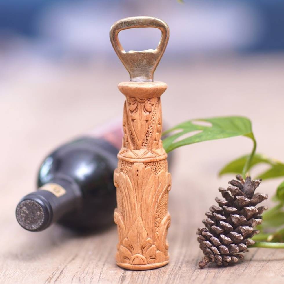 Hand-Carved Traditional Jempinis Wood Bottle Opener 'Gardens for Delight'