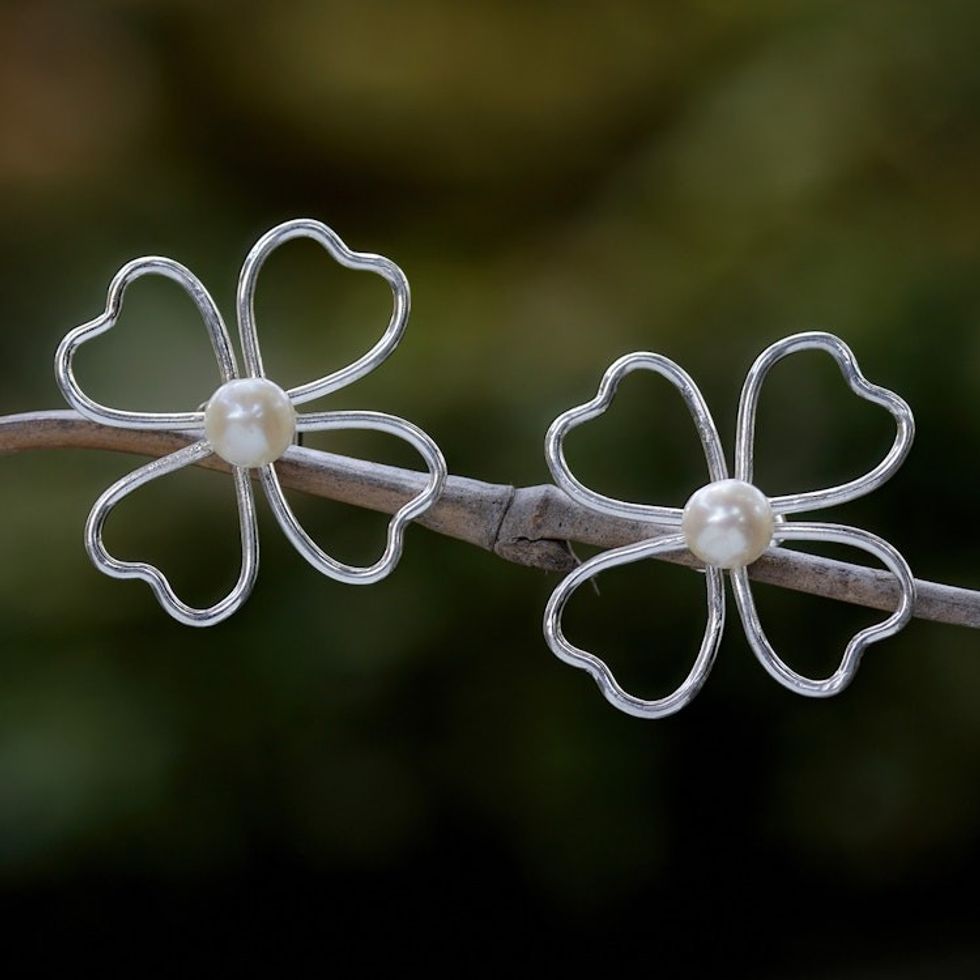 Floral Sterling Silver Button Earrings with Cultured Pearls 'Precious Silhouettes'
