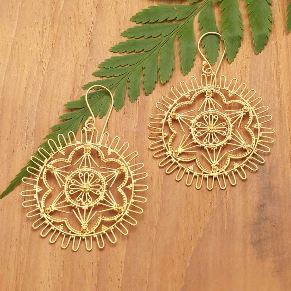 Sun-Themed 18k Gold-Plated Filigree Dangle Earrings 'Paradise Sun'