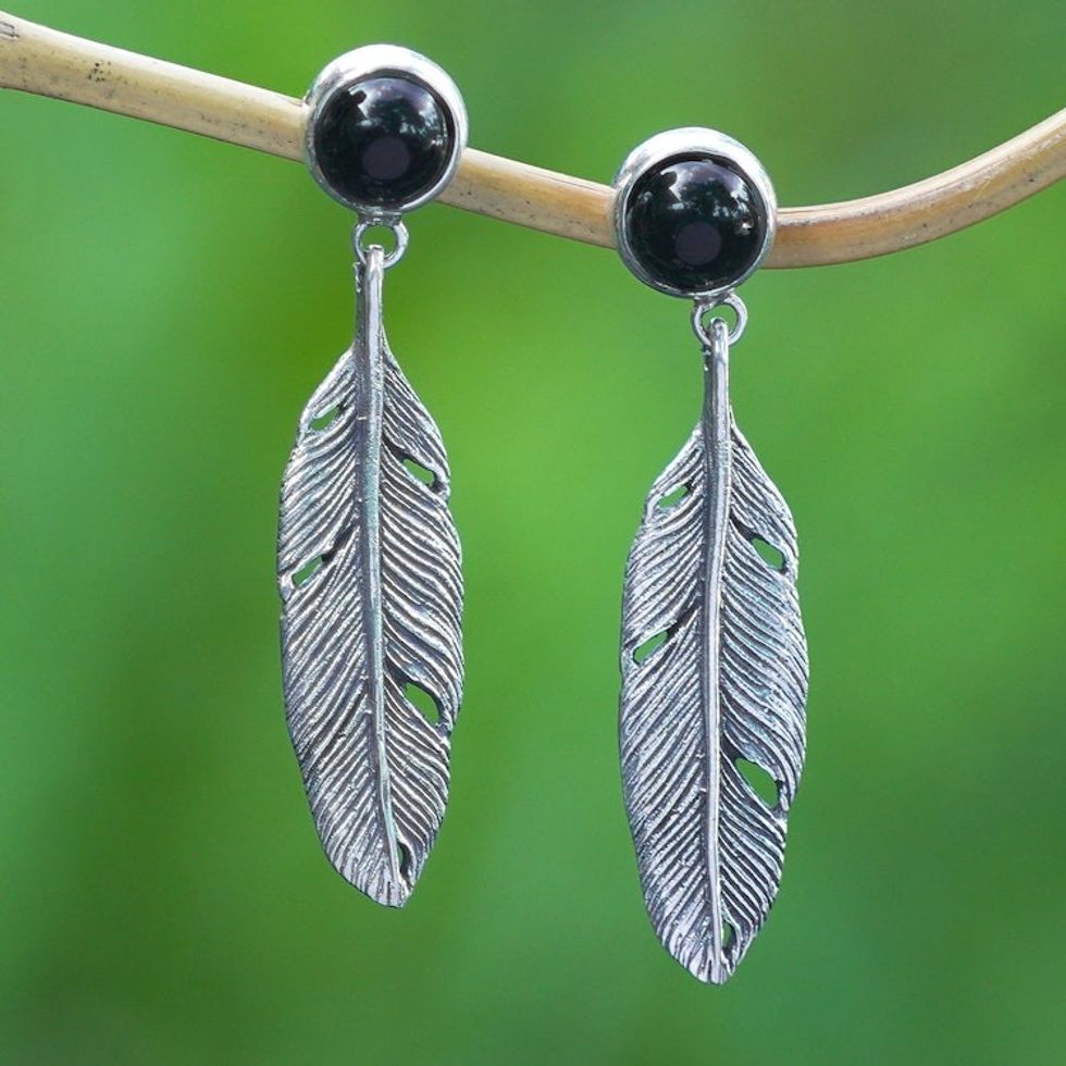 Feather-Themed Dangle Earrings with Onyx Cabochons 'Blessed Feathers'