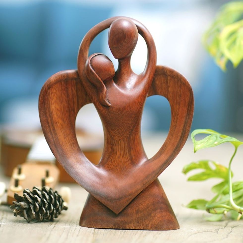 Hand-Carved Polished Suar Wood Sculpture of a Couple Dancing 'Wedding Dancing'
