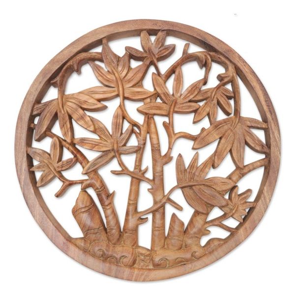 Alternate image for Palm-Themed Relief Panel Hand-Carved from Wood in Bali Palm Vibes