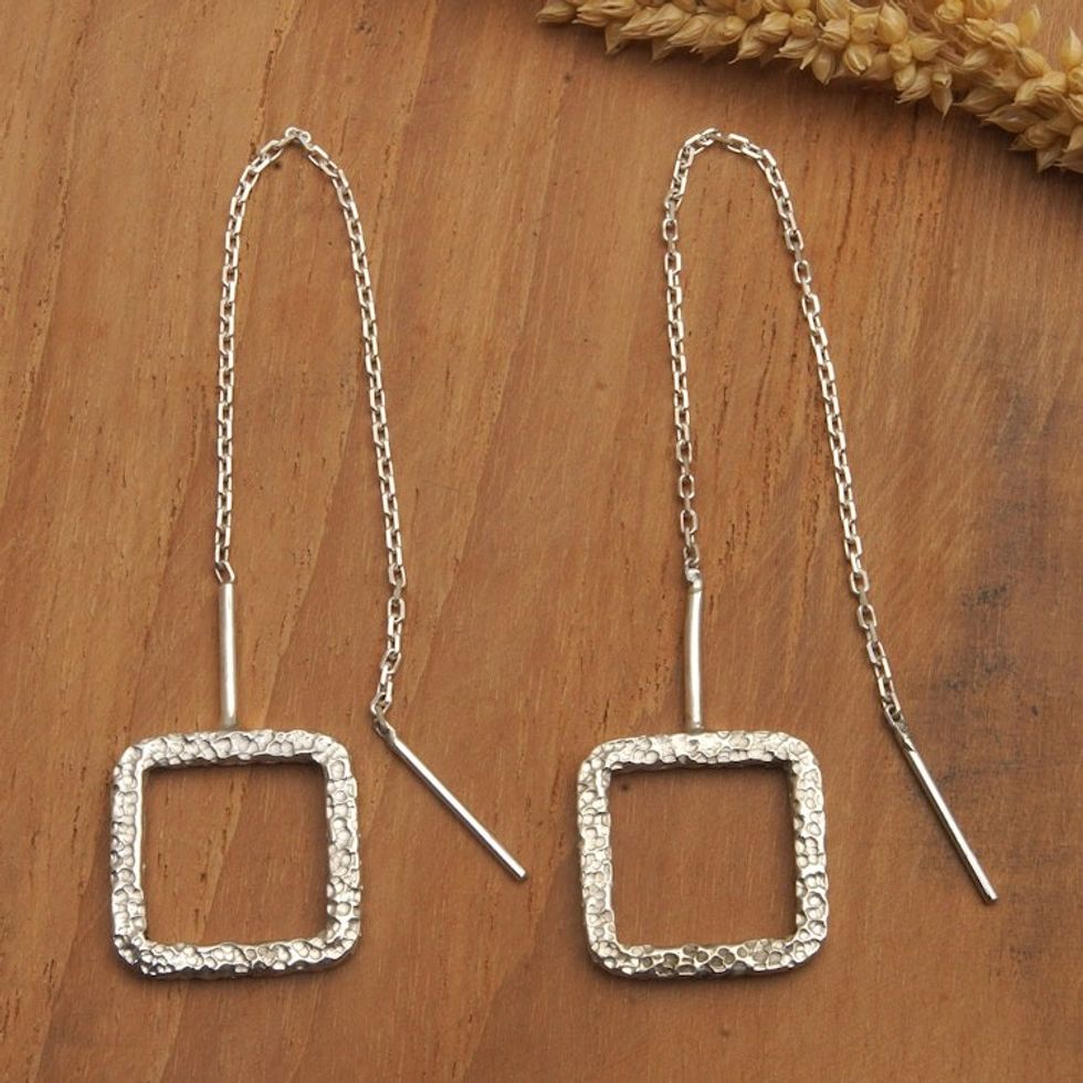 Sterling Silver Threader Earrings with Square Pendants 'Square Memories'