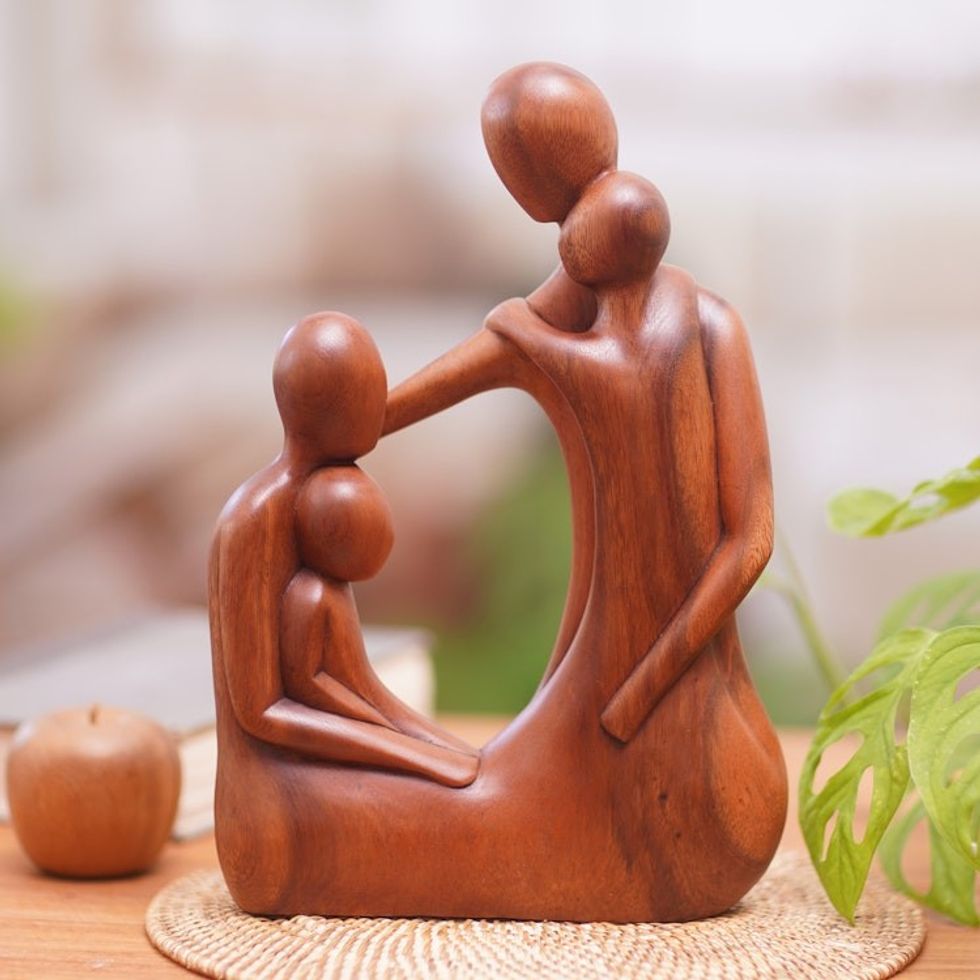 Hand-Carved Family Suar Wood Sculpture from Bali 'Forest Family'