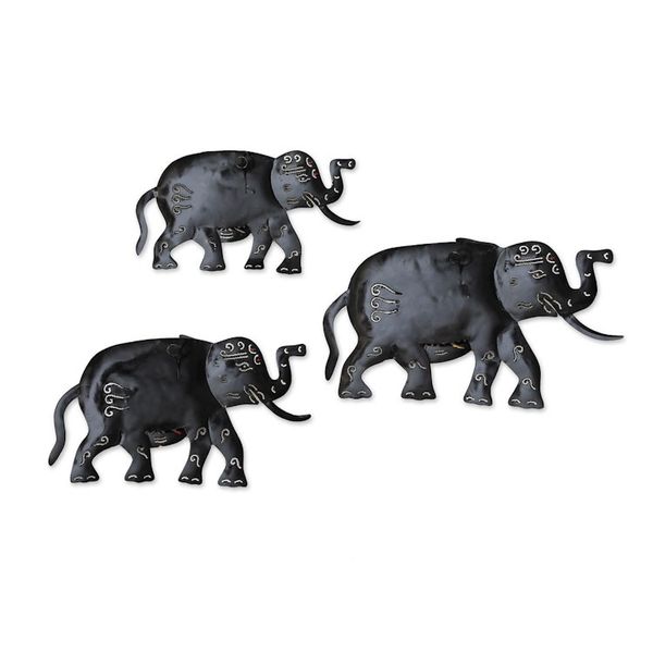Alternate image for Set of 3 Handcrafted Traditional Iron Wall Art Elephants Sulawesi Elephants