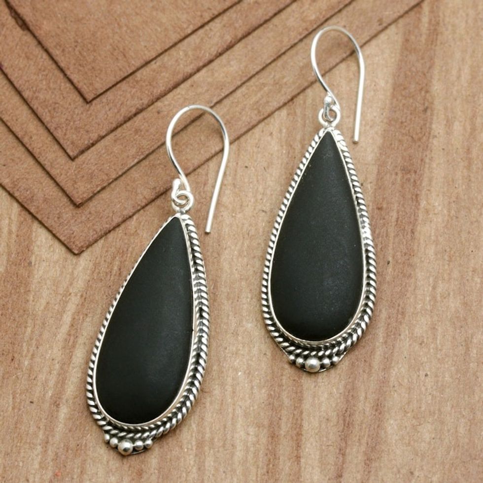 Sterling Silver Teardrop Dangle Earrings with Lava Stone 'Dark Drop'