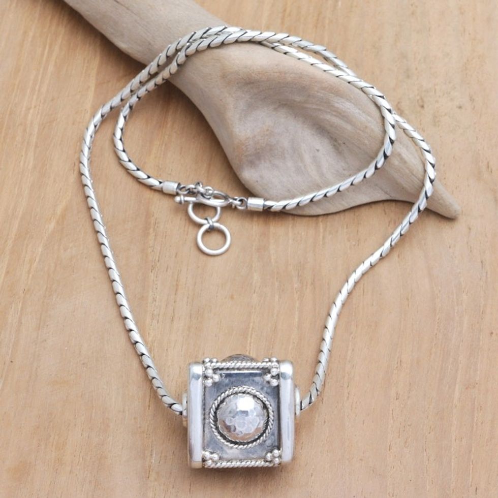 Sterling Silver Geometric Pendant Necklace from Java 'Triangular Fortune'