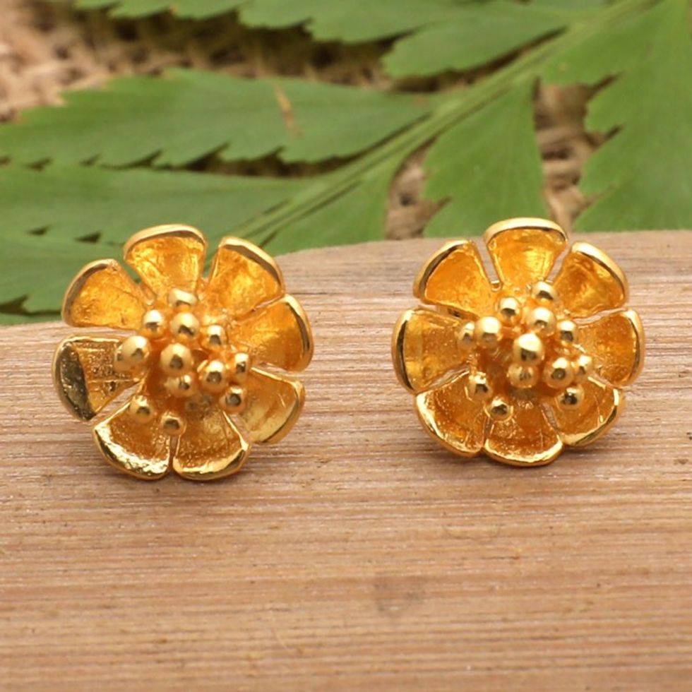 Floral 18k Gold-Plated Button Earrings Crafted in Bali 'Blooming Sunrise'