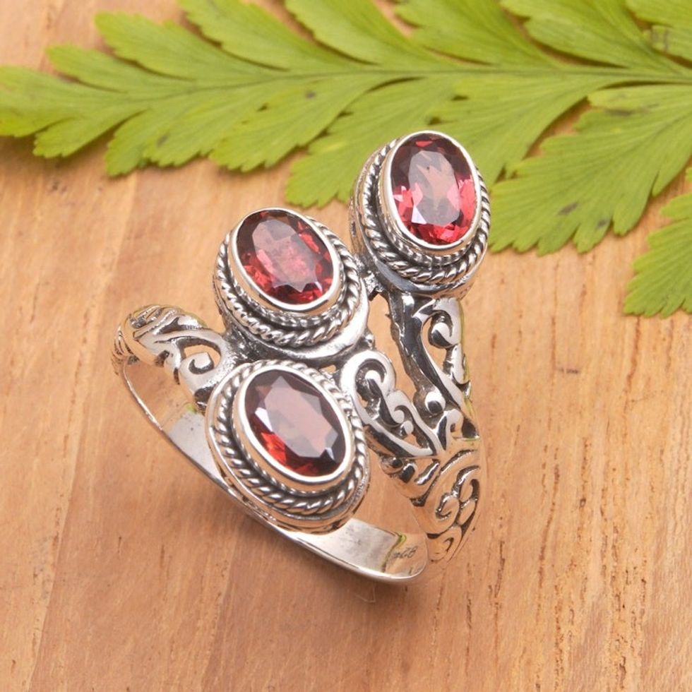 Sterling Silver Cocktail Ring with Faceted Garnet Stones 'Flaming Roots'