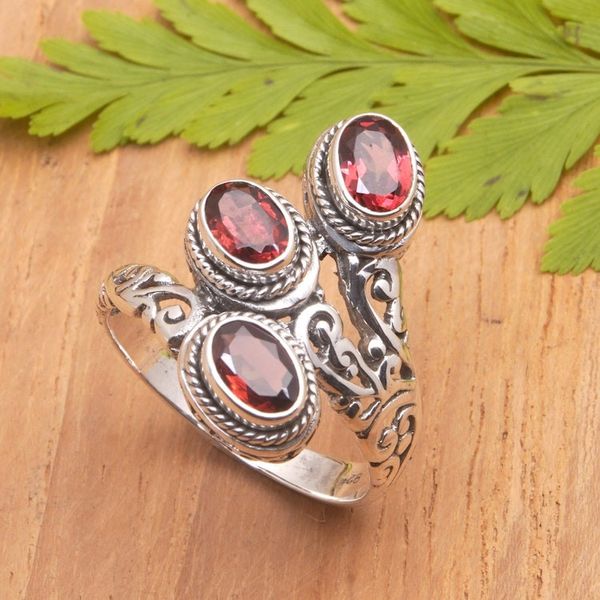 Alternate image for Sterling Silver Cocktail Ring with Faceted Garnet Stones Flaming Roots