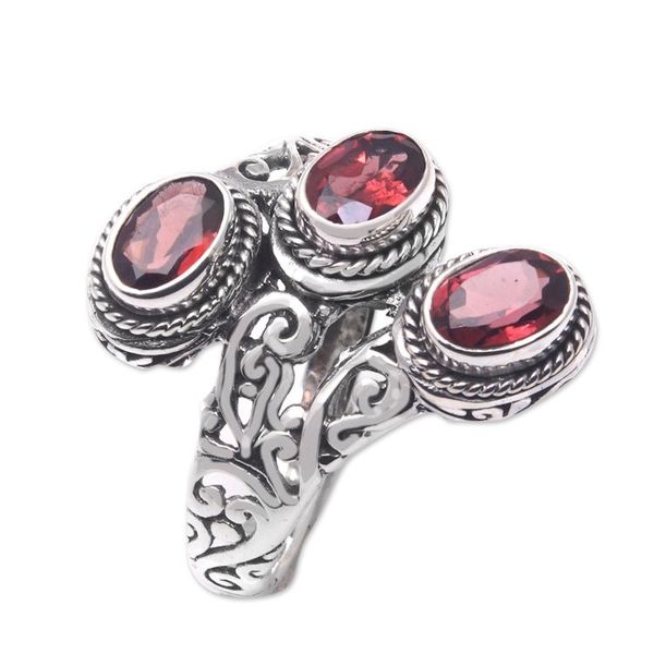 Alternate image for Sterling Silver Cocktail Ring with Faceted Garnet Stones Flaming Roots
